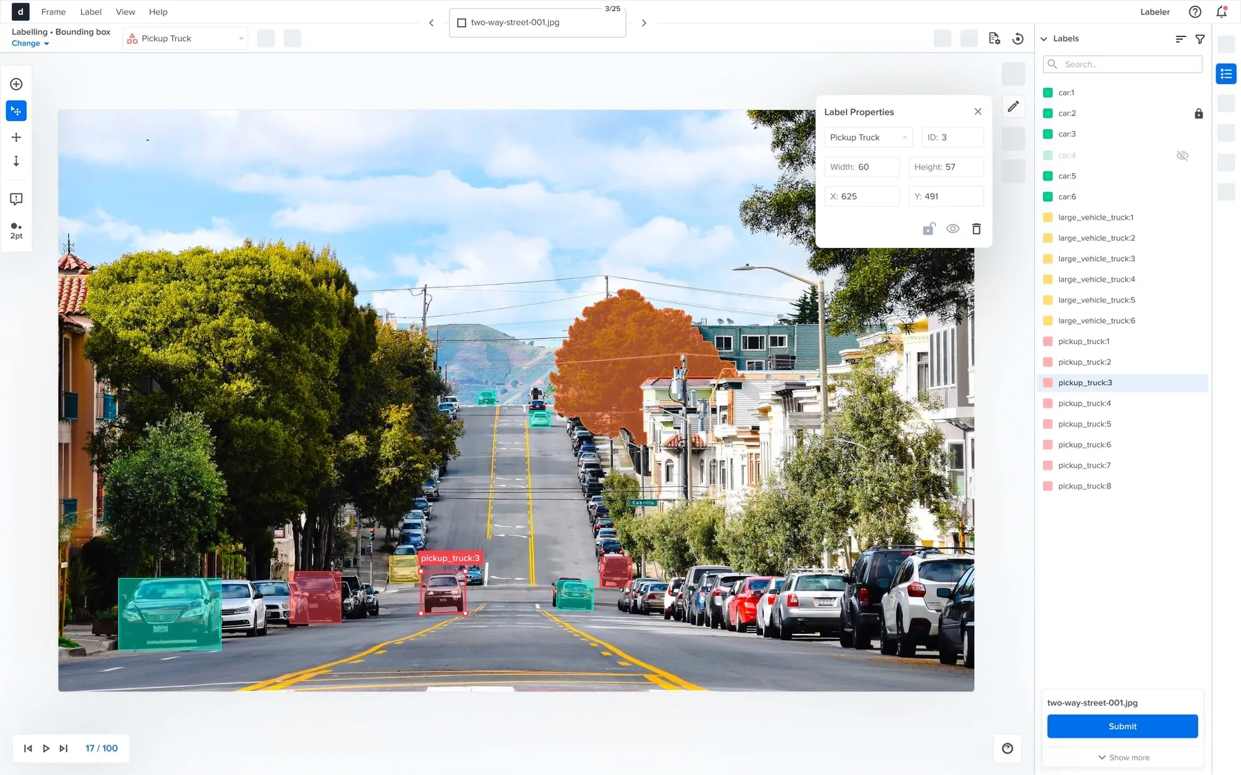 Deepen AI's 2D bounding-box annotation tool labeling vehicles by subtype (car, pickup truck, large vehicle) on a street scene.
